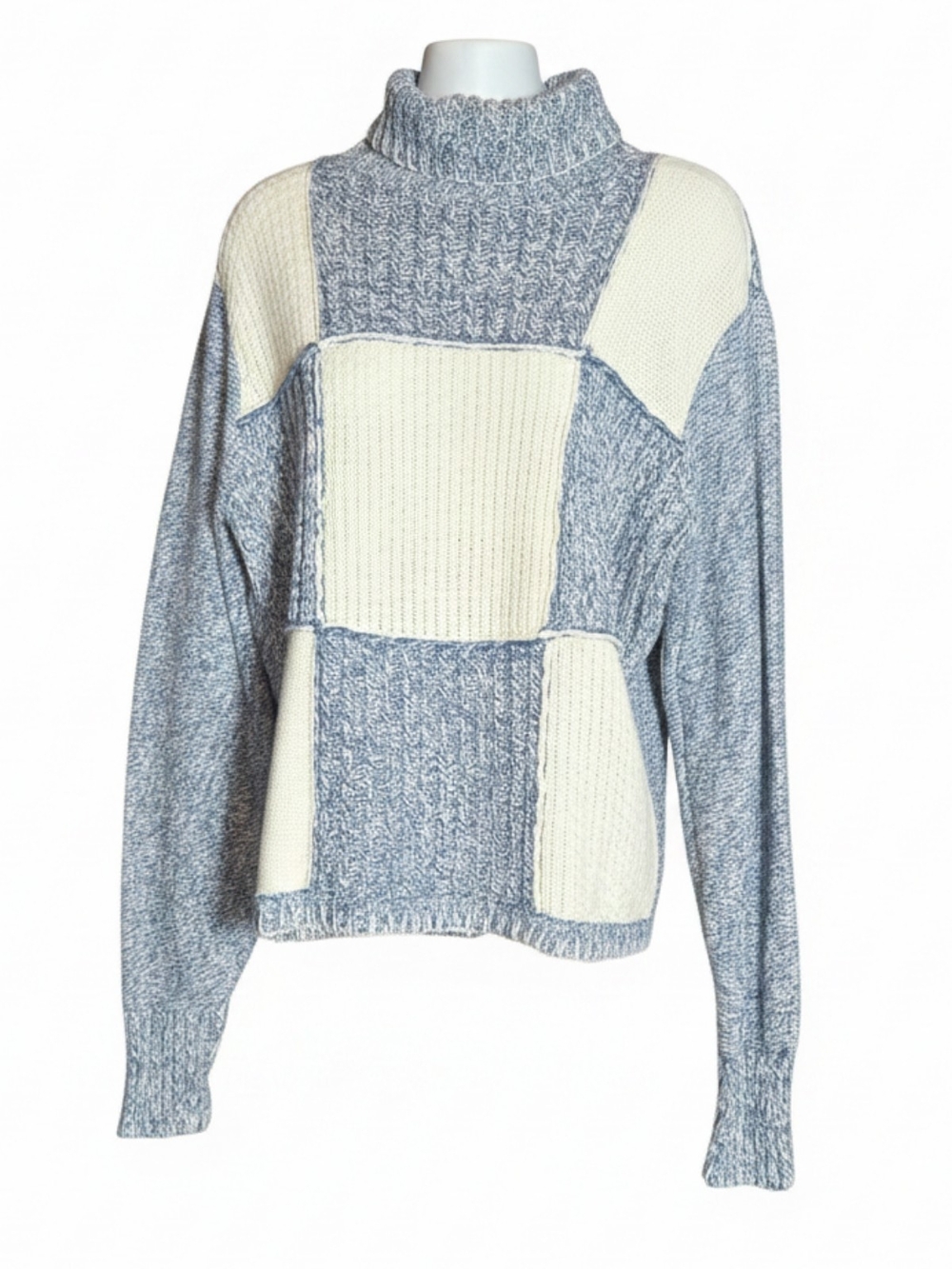 Villager Sport Patchwork Knit Turtleneck Sweater - Blue & Cream